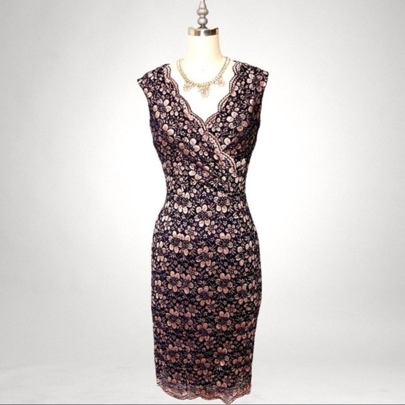 Tahari Black & Rose Gold Lace V Neck Sheath Dress 2 XS - Picture 11 of 11